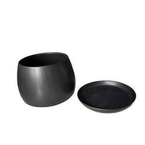 black ceramic plant pot with drainage and saucer