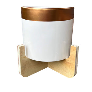 white and gold pot with natural plant stand