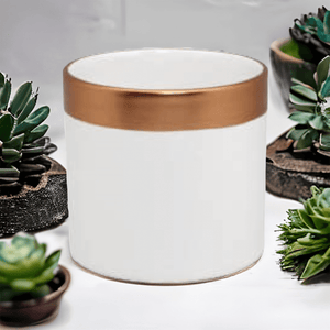 white and rose gold cover pot