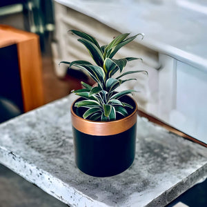 black and rose gold plant cover pot